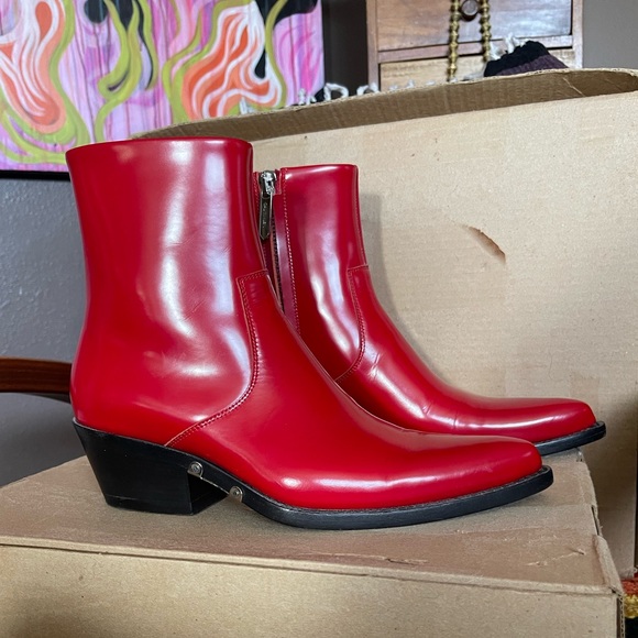 Calvin Klein 205W39NYC Tiesa Red Leather Ankle Boots sz 38 - Picture 2 of 9